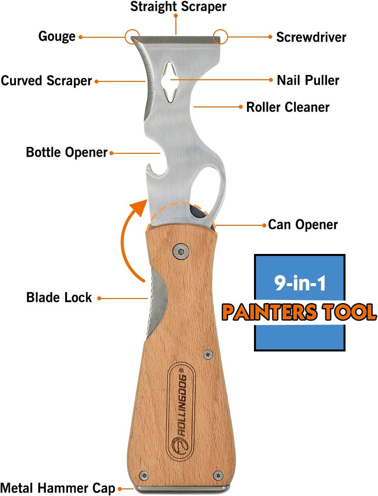 Paint Scraper-Folding Painters Tool 9-In-1 Beech Wooden Handle Includes Paint Ro