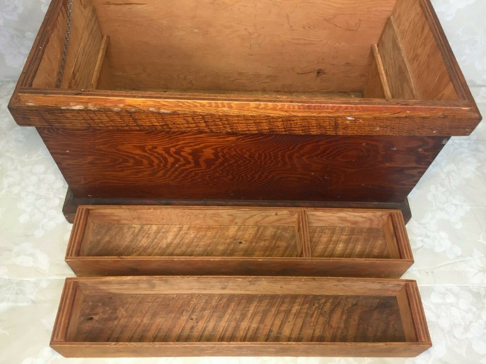 Vintage Tool Chest Handmade 2 Removable Trays Hinged Lid