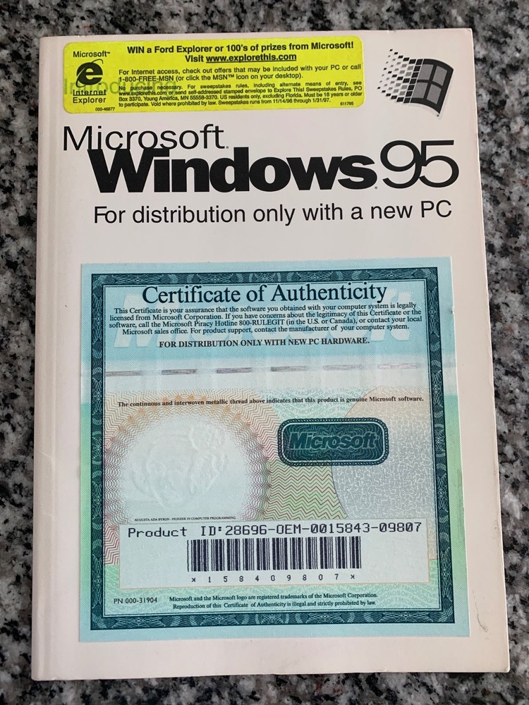 Microsoft Windows 95 Certificate of Authenticity. excellent condition.