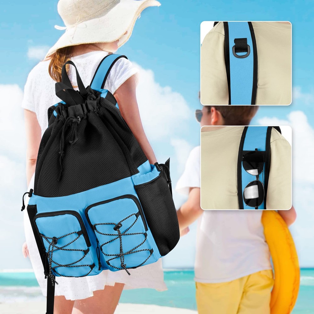 Mesh Beach Bag Backpack with Waterproof Bag and Pocket, Large Drawstring Swim...