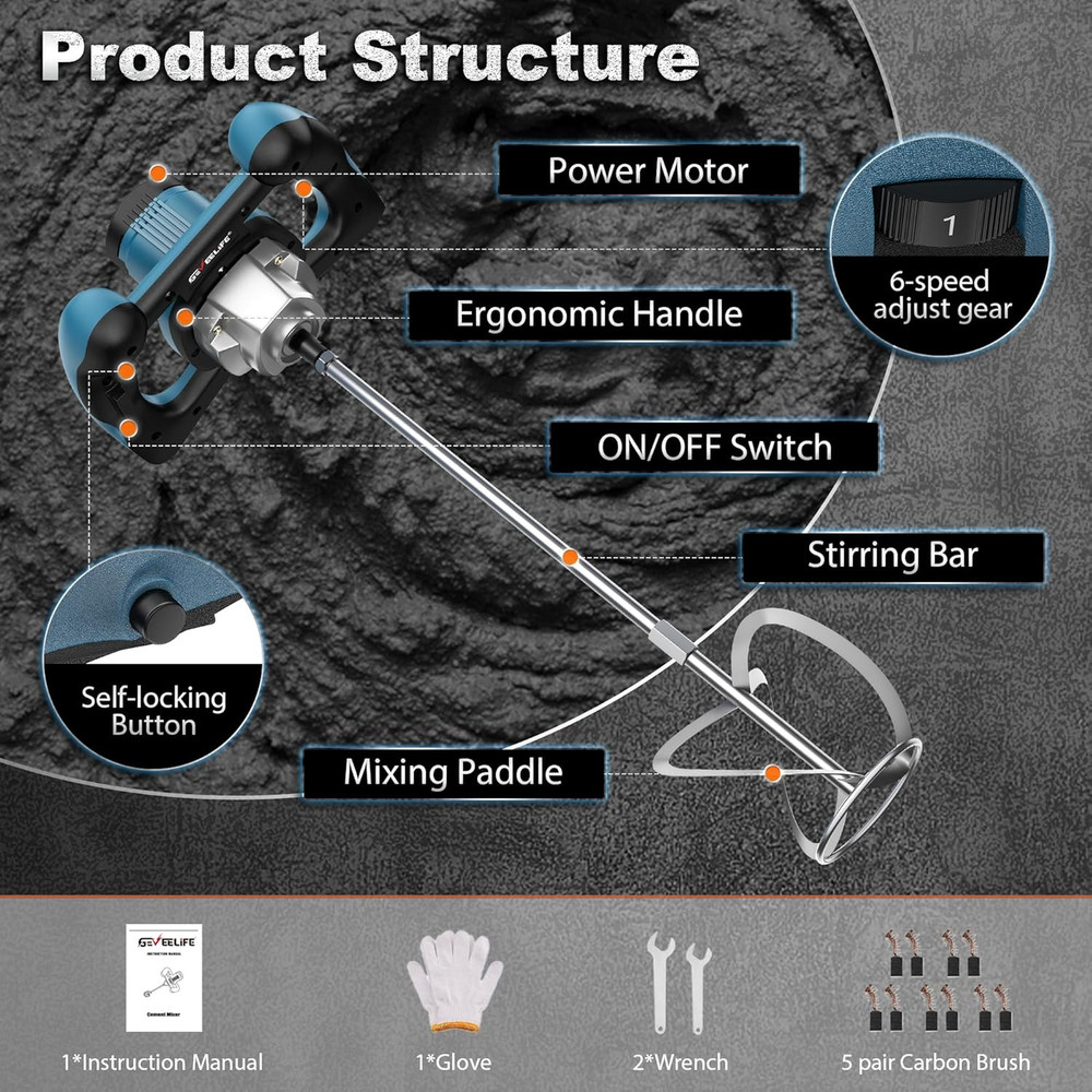 Concrete Cement Electric Mixer Machine 2400W with 6 Adjustable Speed, Handheld E