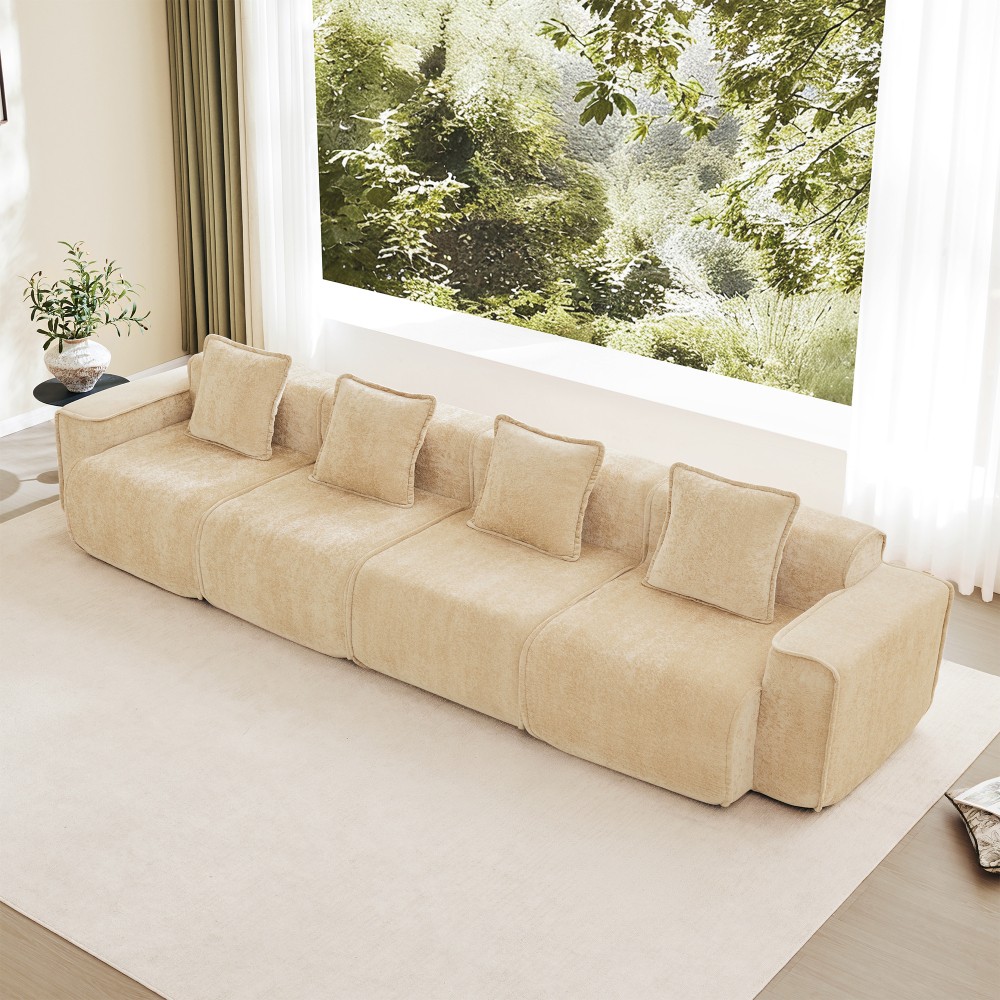 Modular 4-Seat Sofa w/ Throw Pillows, Velvet Fabric, Light Camel