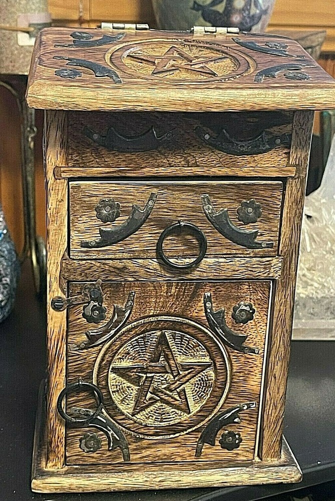 PENTACLE Timber & Metal Wicca Mini Herb Tarot Cupboard Statement Altar Piece