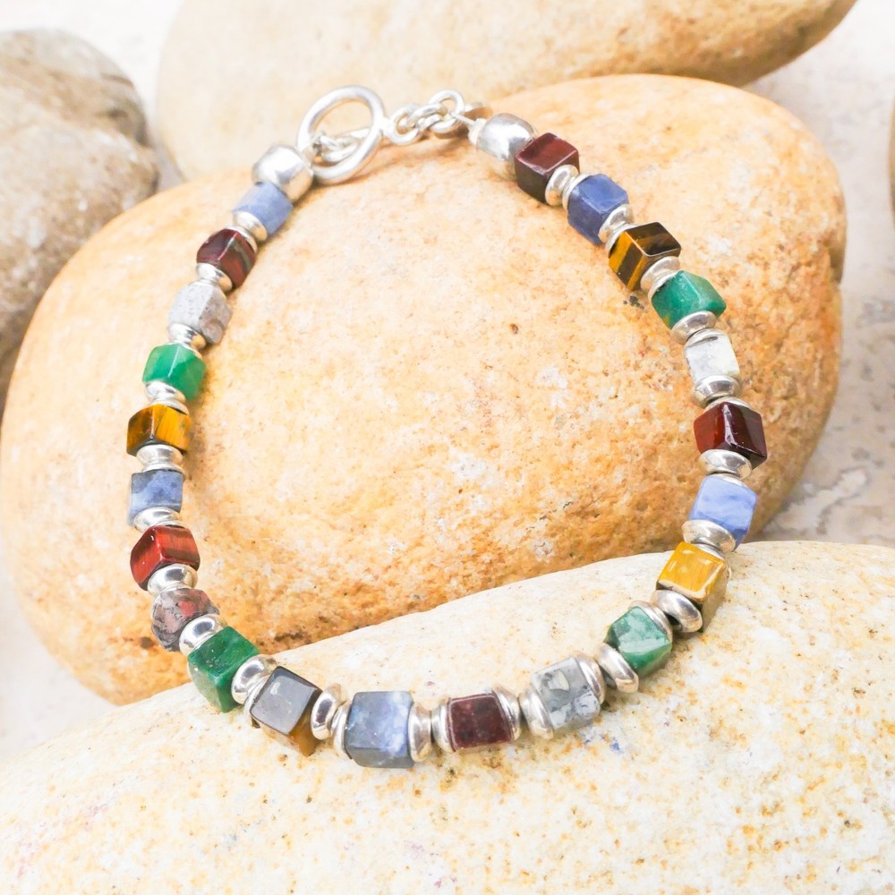 Silpada Sterling Silver Multi-Gemstone Cube Bead Bracelet 7.75" Toggle B0817