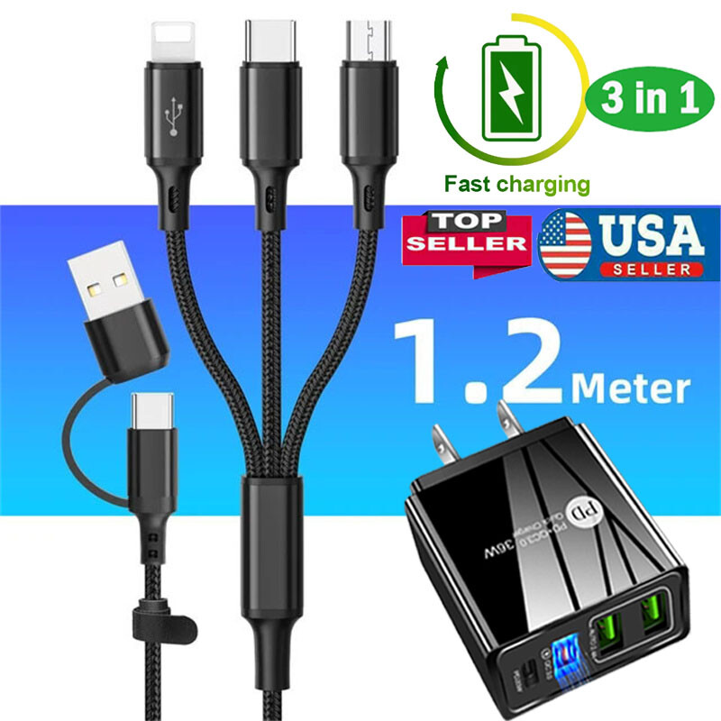 Multi Charging Cable 3 in 1 Multiple USB Fast Charger For iPhone Type C Micro
