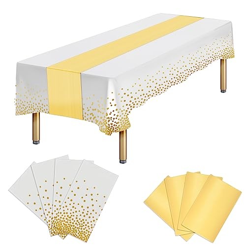 Plastic Table Cloth Rectangle Table Disposable and Satin 8 Packs White and Gold