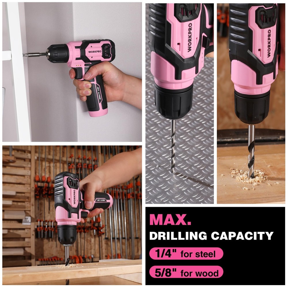 WORKPRO Pink Cordless Drill Set, 8V Impact Driver with 53PCS,
