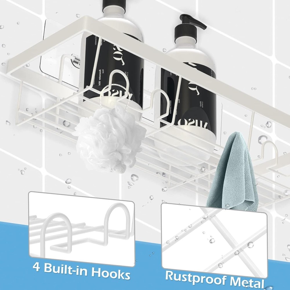 2 Pack Adhesive White Shower Caddy Organizer with Hooks, Rustproof No Drillin...