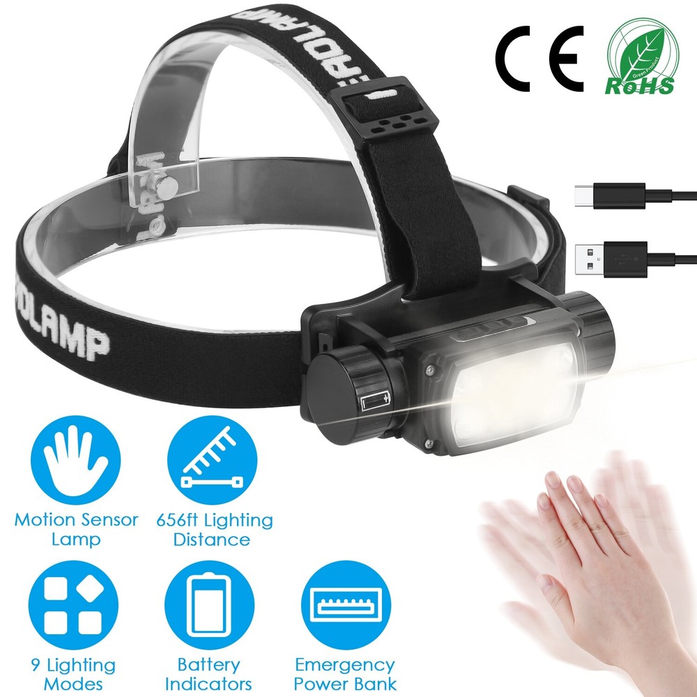USB Rechargeable LED Headlamp Hand Wave Headlight Flashlight Torch Lamp 9 Modes