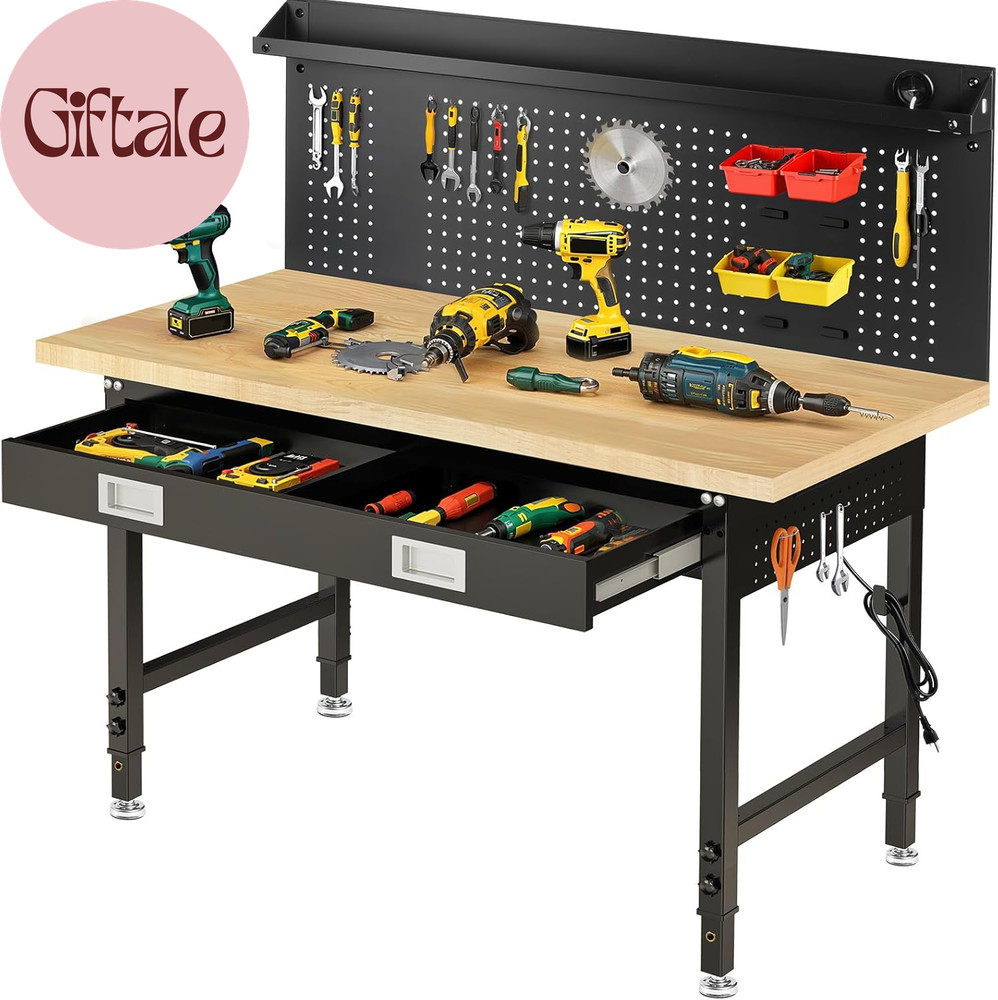 60" Adjustable Work Bench with Drawers, Workbench for Garage with Strip Light, W