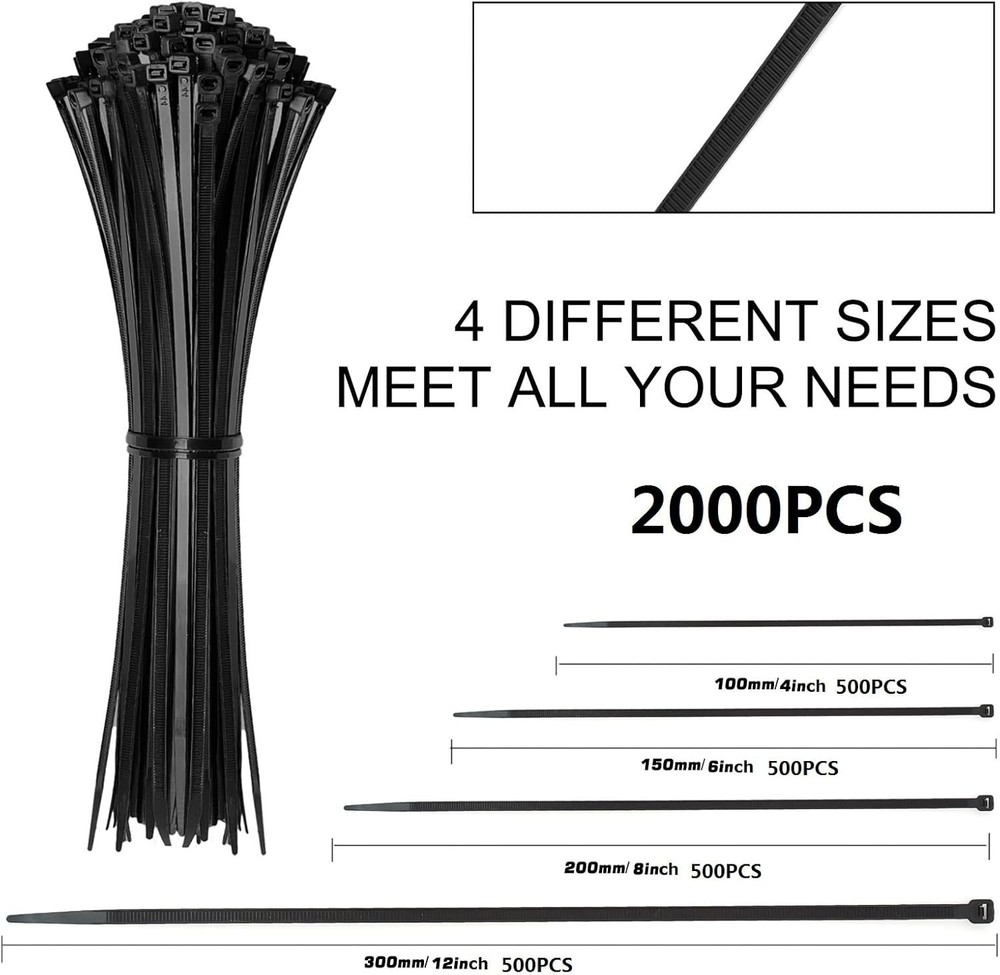 Zip Ties Assorted Sizes4”+6”+8”+12”, 2000 Pack,Black Cable Ties,Multi-Purpose...
