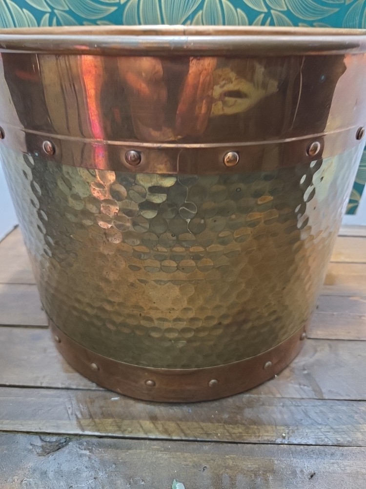 Vintage Copper Bucket Coal Fireplace Brass Large NICE