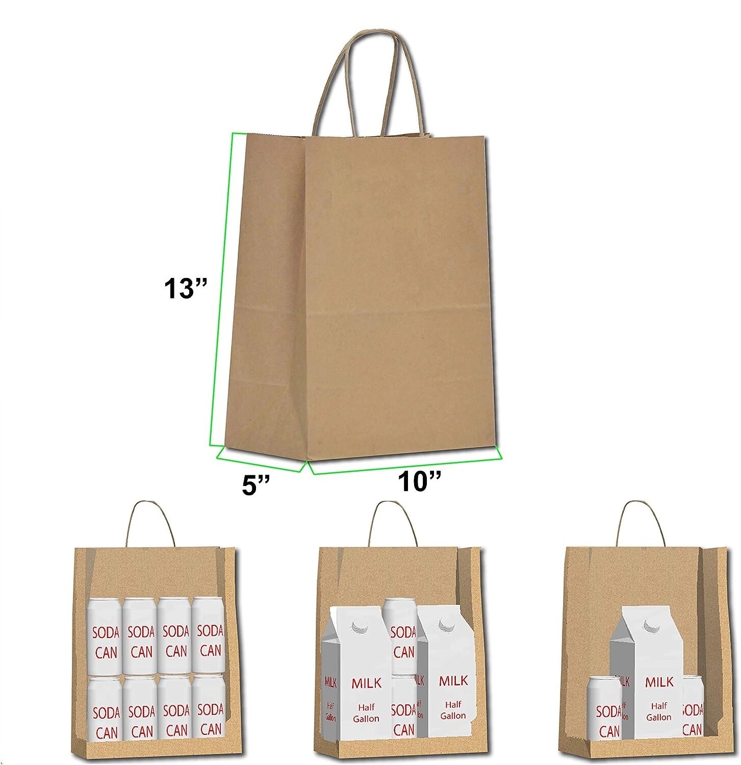 Paper Shopping Bags 500 Natural Kraft 10" x 5 x 13" Retail Merchandise Handles
