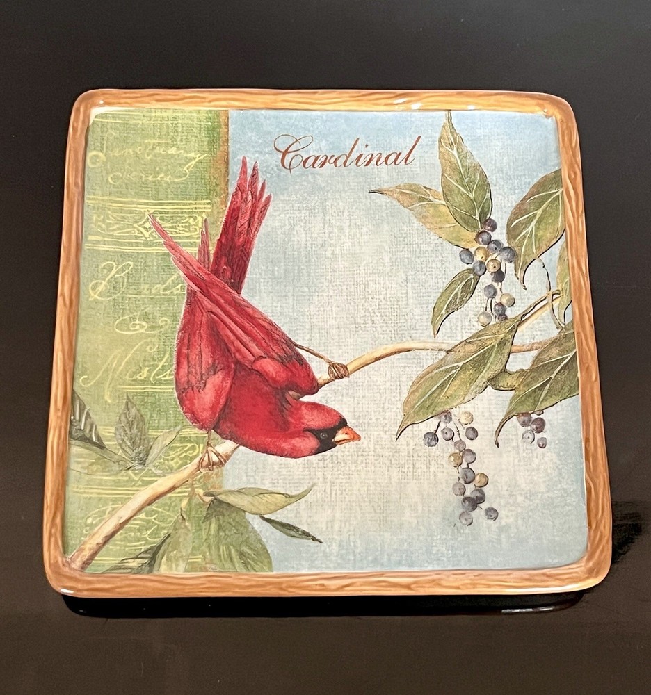 NEW 6” Square Ceramic Plate Botanical Birds Cardinal by Susan Widget