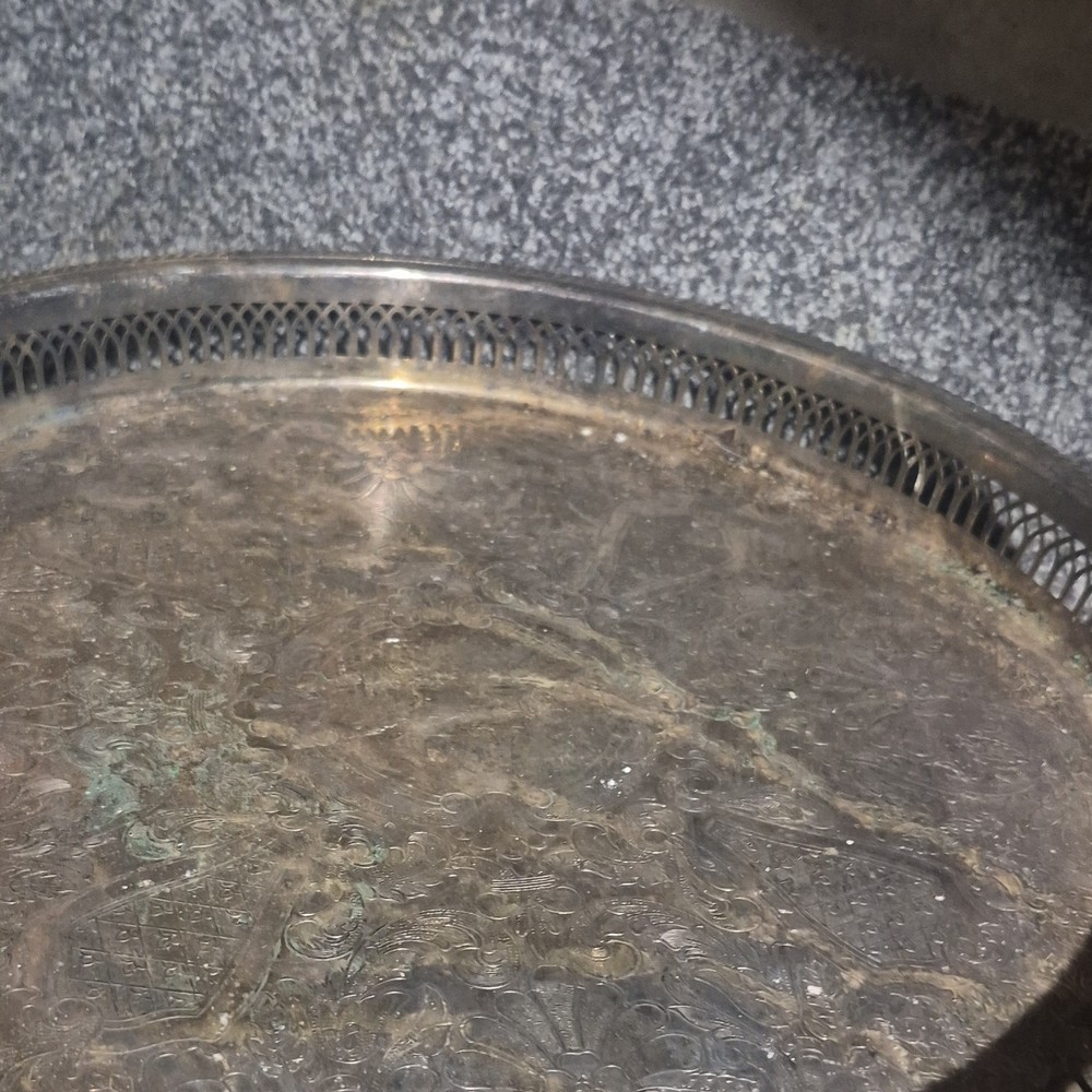 Ornate Silver-Plated Decorative Tray with Engraved Design, Elegant Serving Piece