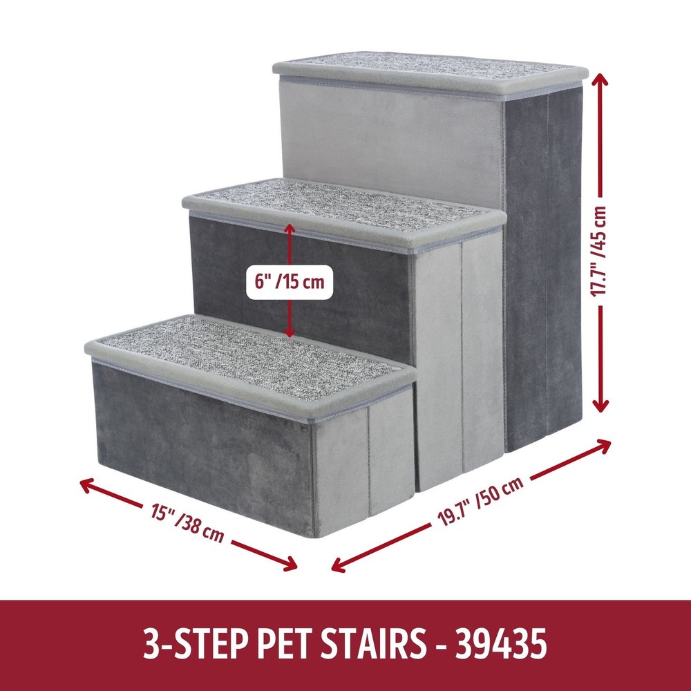 3-Step Foldable Velour Pet Stairs W/ Storage Gray