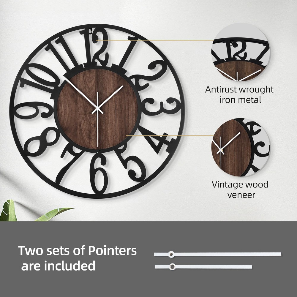 Large Wall Clock 24'' Lighted Rustic Wood Clock with Remote Timer, Silent Bat...