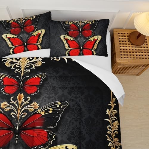 Red and Gold Butterfly Comforter Sets Size Bed Set，Gothic Size Queen Btty24