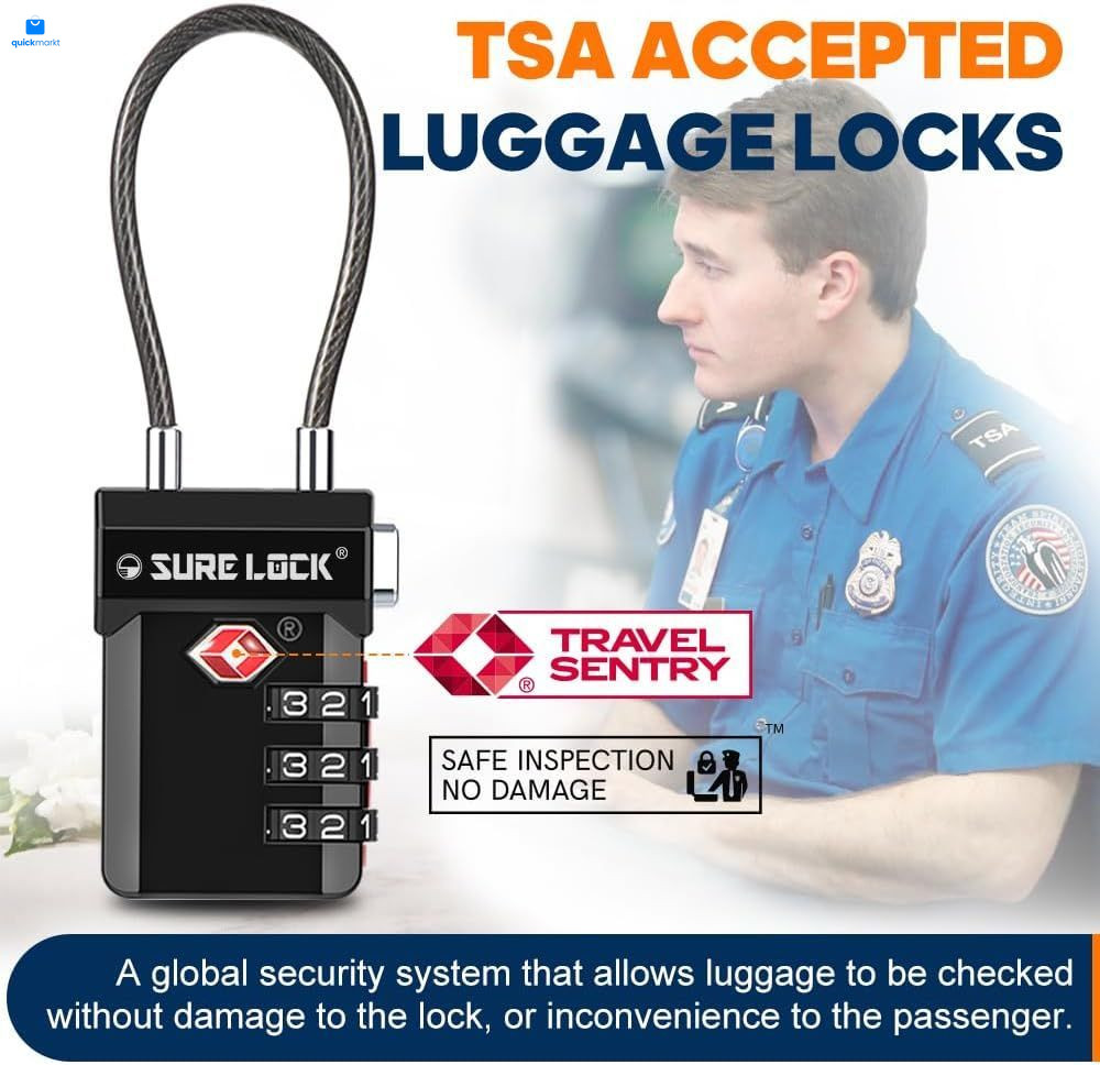 SURE LOCK TSA Approved 3-Digit Combination Luggage Locks – Open BLACK 2 PACK