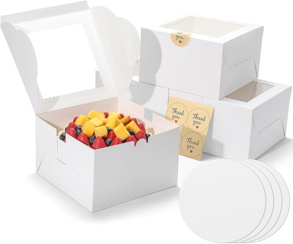 Small Cake Boxes 8 Inch with Window, 4 Set Bakery Boxes with Cake Boards & Stick