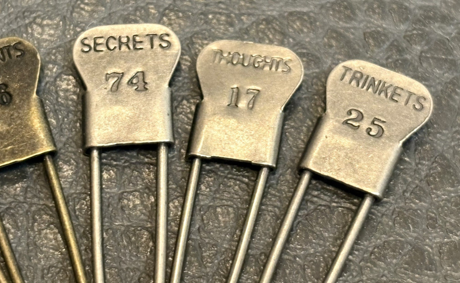 Vintage Small Safety Pins Blank Brass & Silver Tone With Words & Numbers Antique
