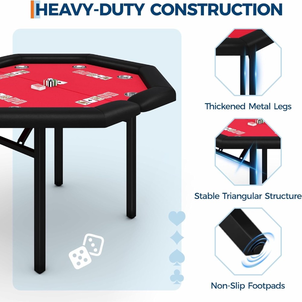Complete 8-Player Poker Set: Foldable Octagon Table W/ Padded Rail & Cup Holder