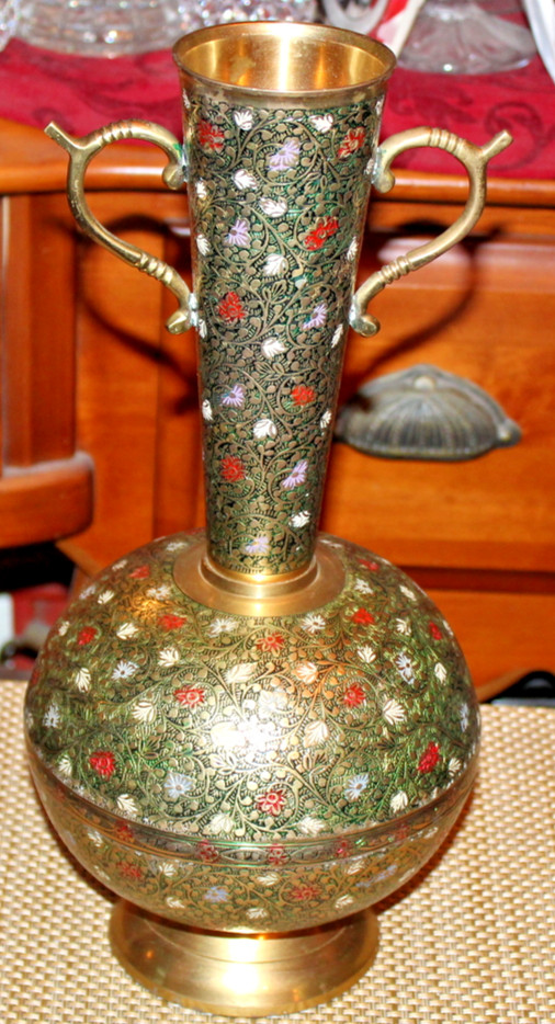 Middle Eastern India Brass Metal Double Handle Vase Flowers Scrolls