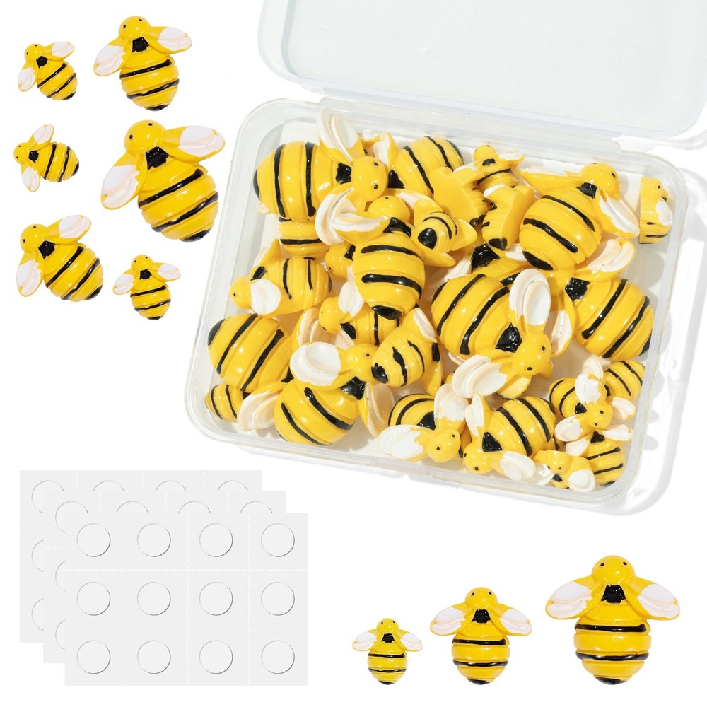 Tiny Resin Bees for Crafts,32Pcs Small Plastic Bumble Bee Decor with 36 Doubl...