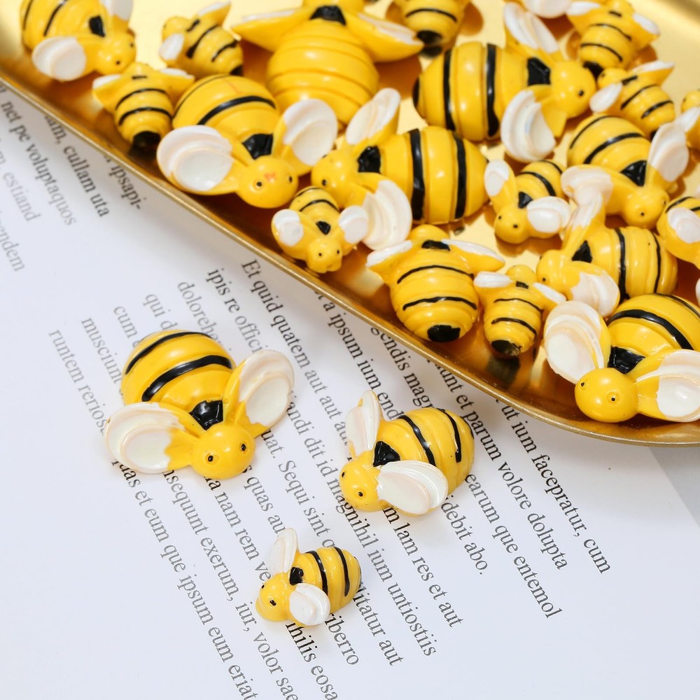 Tiny Resin Bees for Crafts,32Pcs Small Plastic Bumble Bee Decor with 36 Doubl...