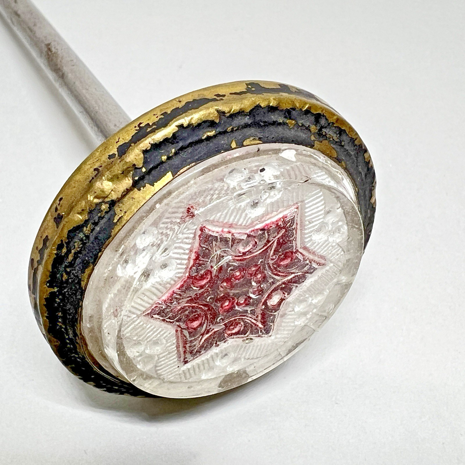 Victorian Sulfide Glass Red Star Threaded Picture Frame Wall Nail Antique