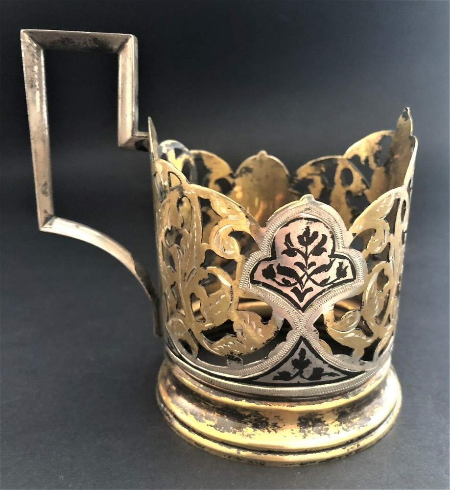 Russian Soviet Niello Gilded 875 Silver Glass Holder