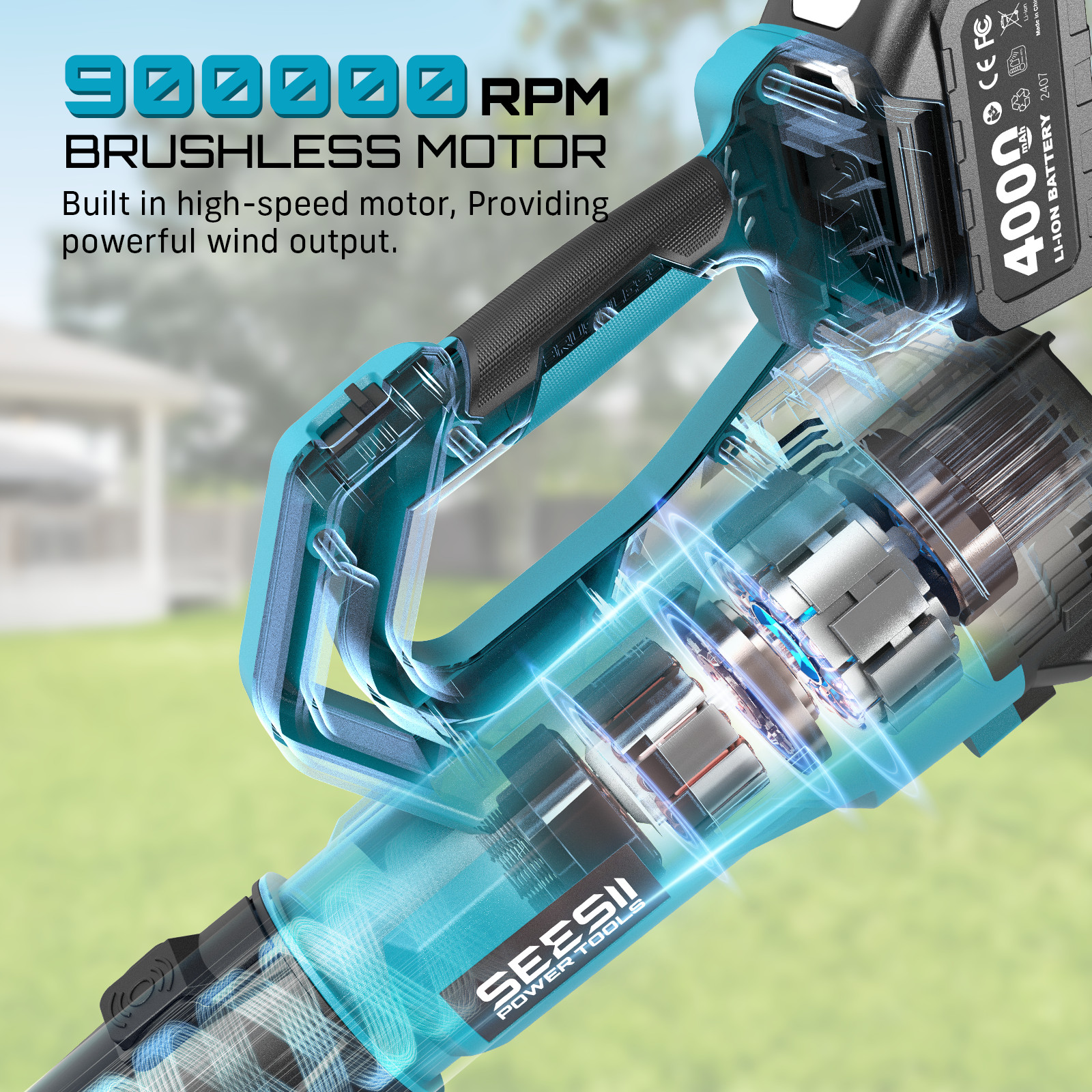Professional Seesii Leaf Blower 780CFM 400MPH Adjustable Strap 2x4000mah&Charger