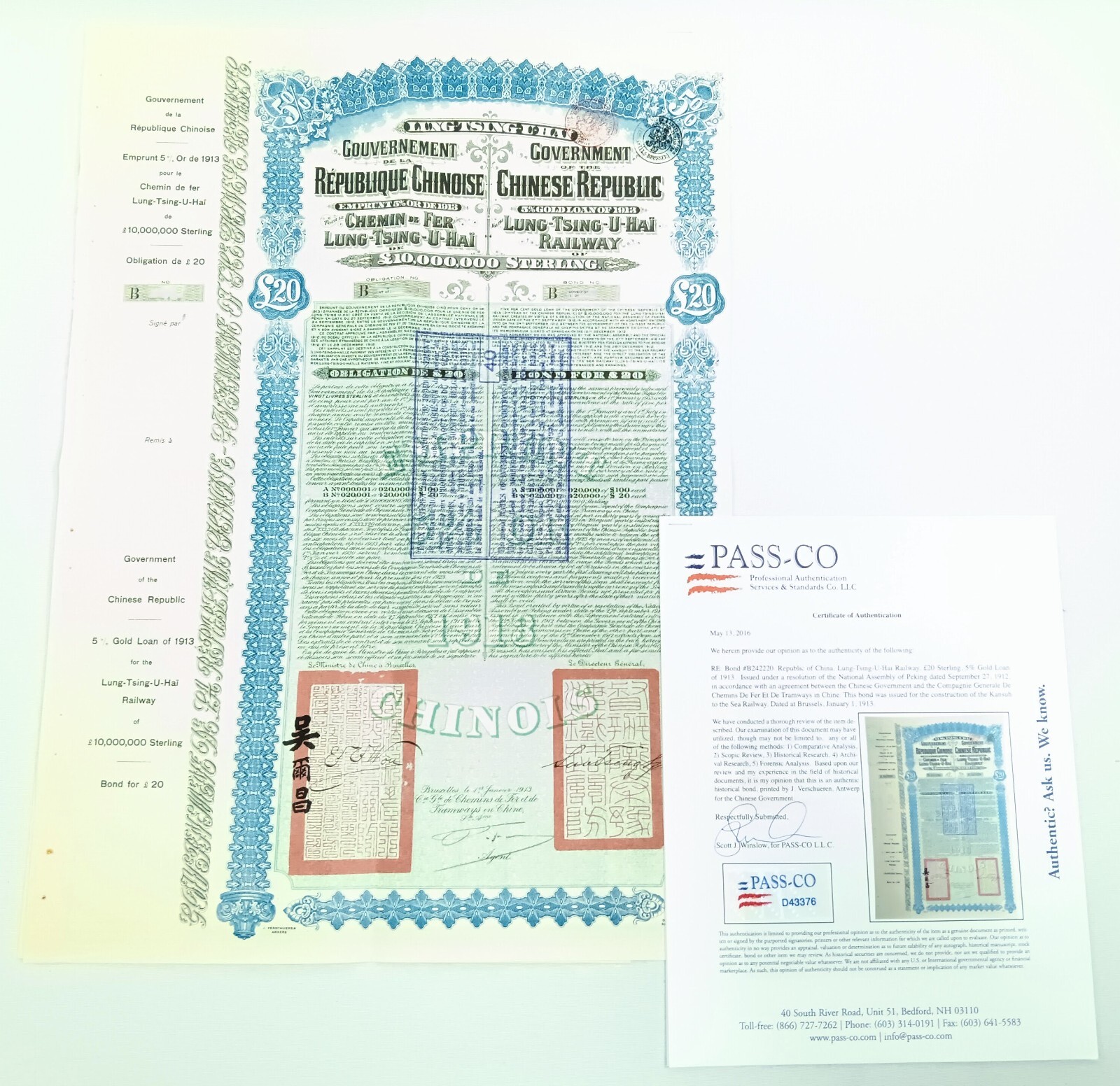 Uncut China 1913 Lung-Tsing-U-Hai Railway Bond Super Petchili Gold Loan PASS-CO