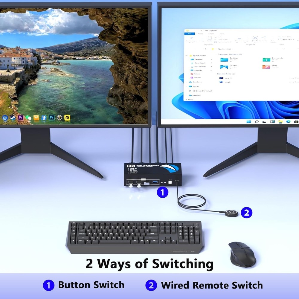 Compact HDMI DisplayPort KVM Switch – 2 PCs & 4 USB Ports – Easy Switch