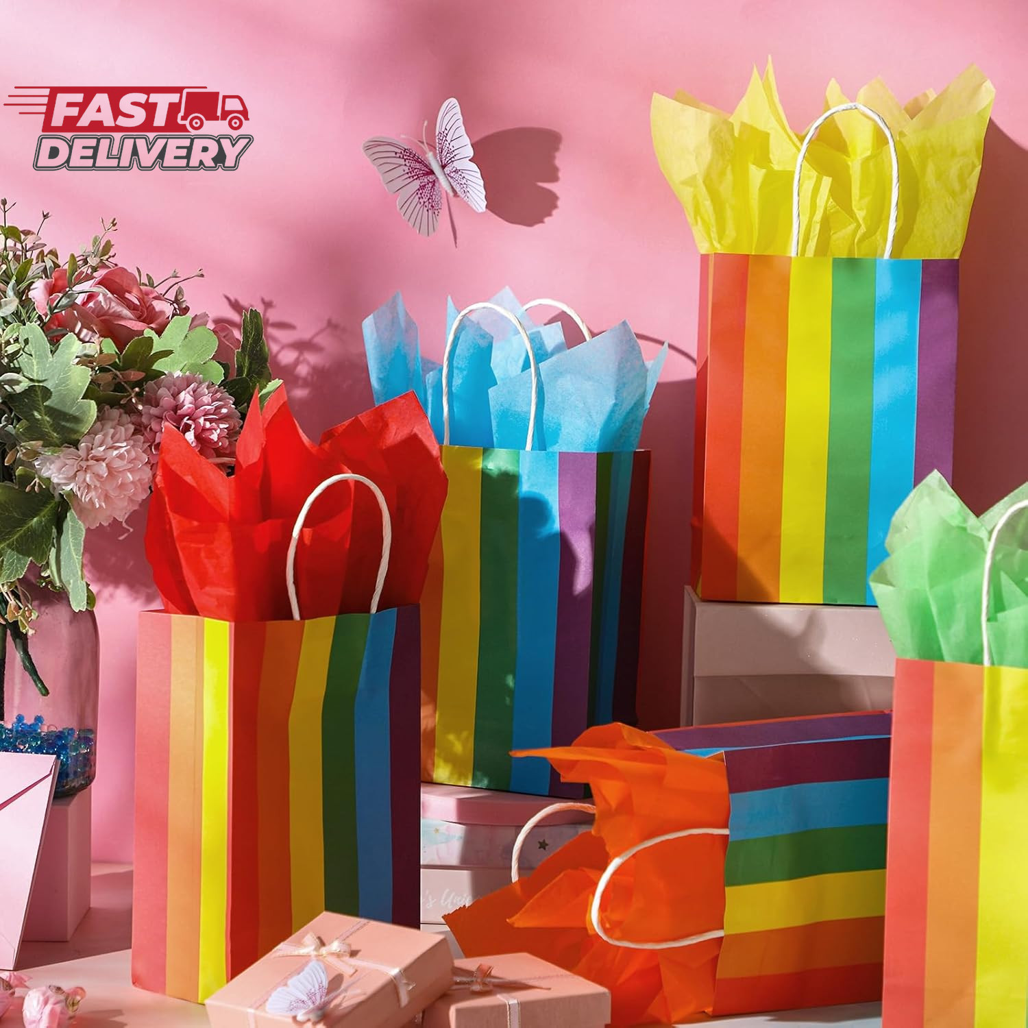 Taobary 36 Pcs Rainbow Party Treat Bags Rainbow Gift Bags Colorful Stripes Kraft