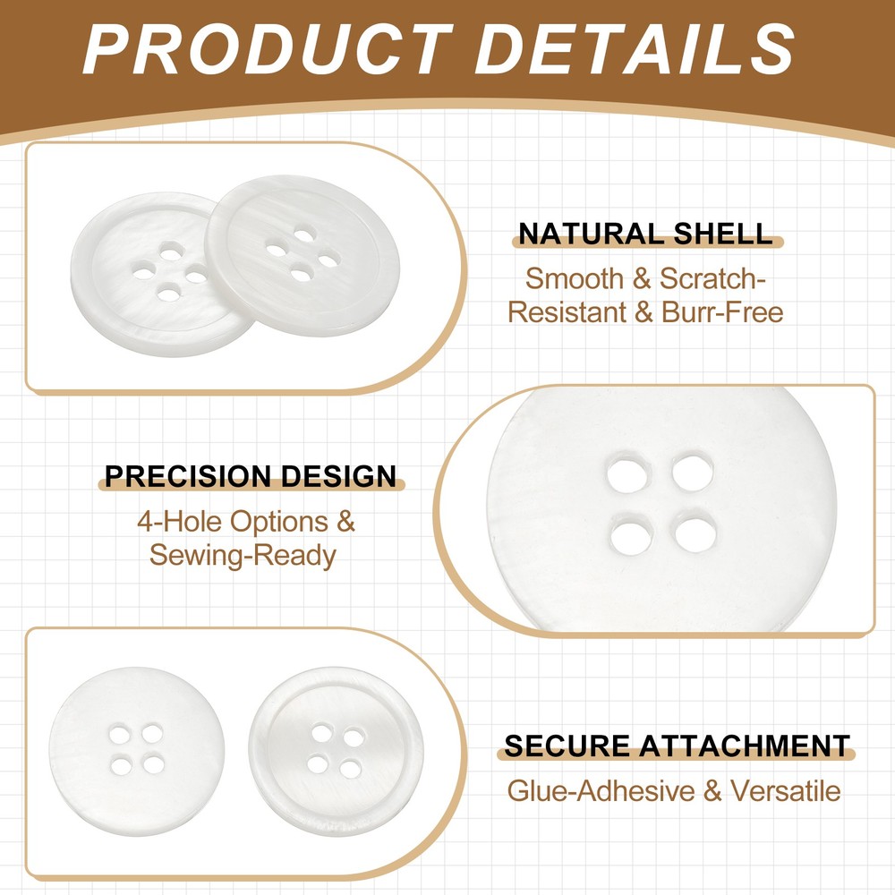 Natural Shell Button 4 Hole Shell Round Sewing Buttons 11.5 mm & 50 Pack & White