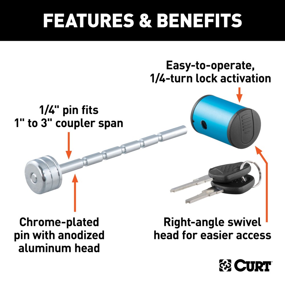 Curt-Coupler Lock (1/4" Pin, 1" to 3" Latch Span, Right-Angle, Chrome)