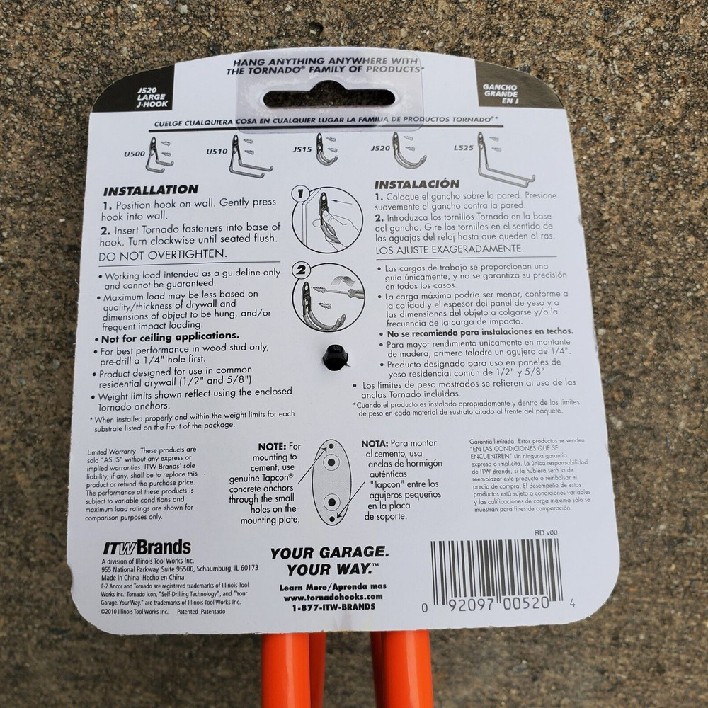 ITW Tornado 00520 J520 Large J-Hook E-Z Wall Anchor 4 Pack Case