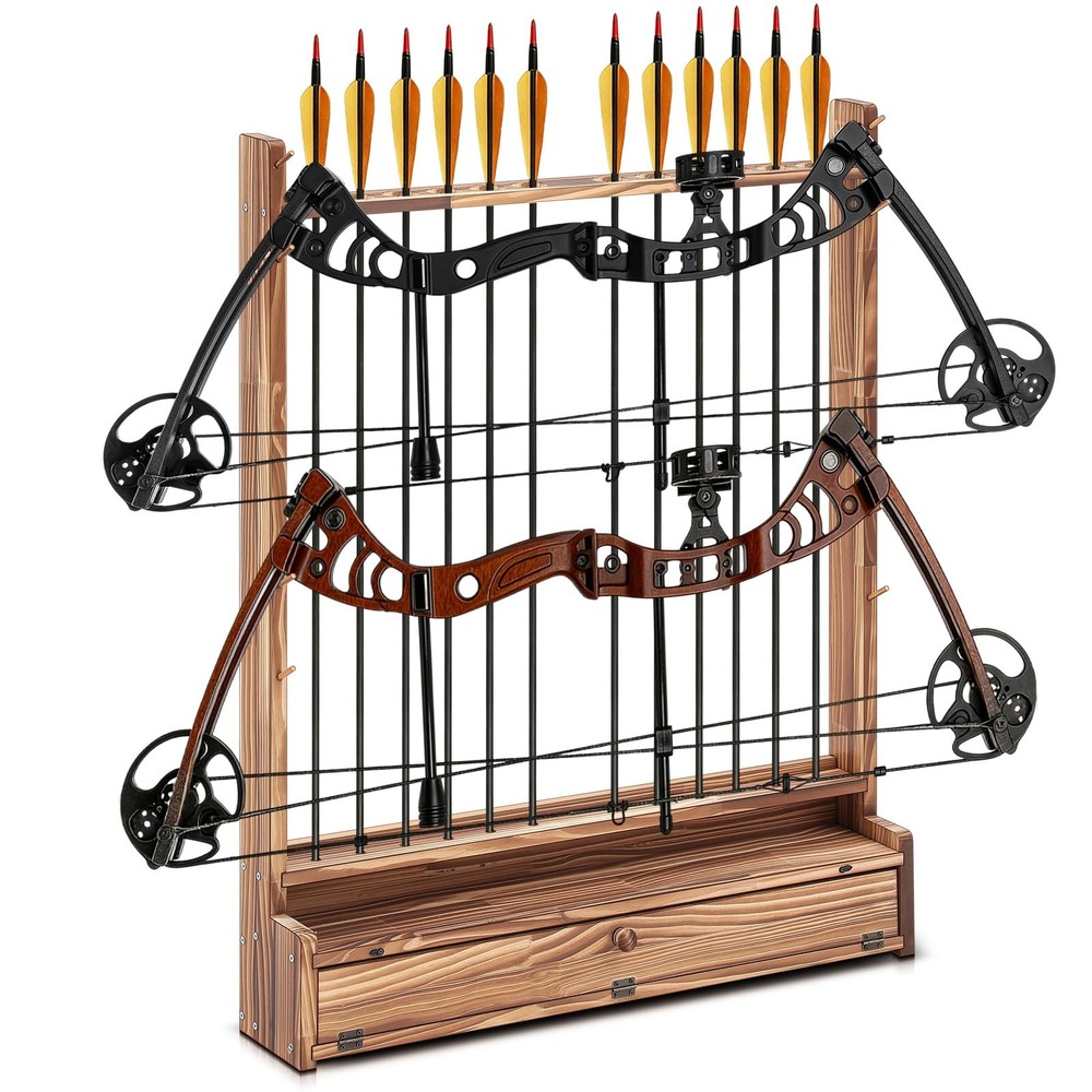 Wall Mounted Bow & Arrow Display Rack, Solid Wood Holder for 2 Compound Bows ...