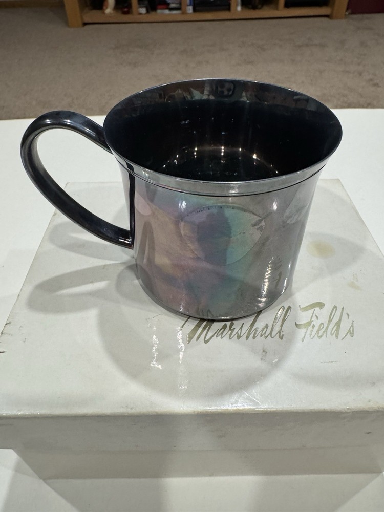 VTG Lint Silver Plate Baby Cup New - But Tarnished & Marshall Field’s Box