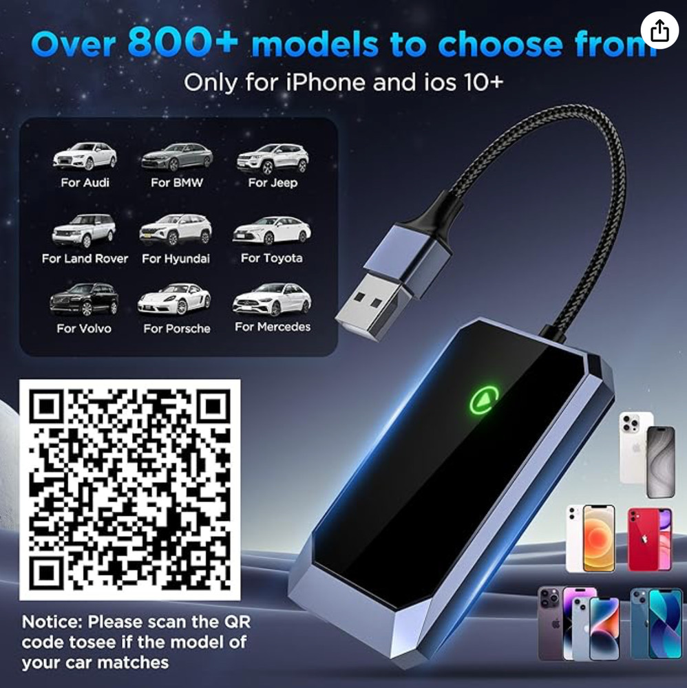 Wireless Carplay Adapter Converts Wired to Wireless for iPhone IOS 10+