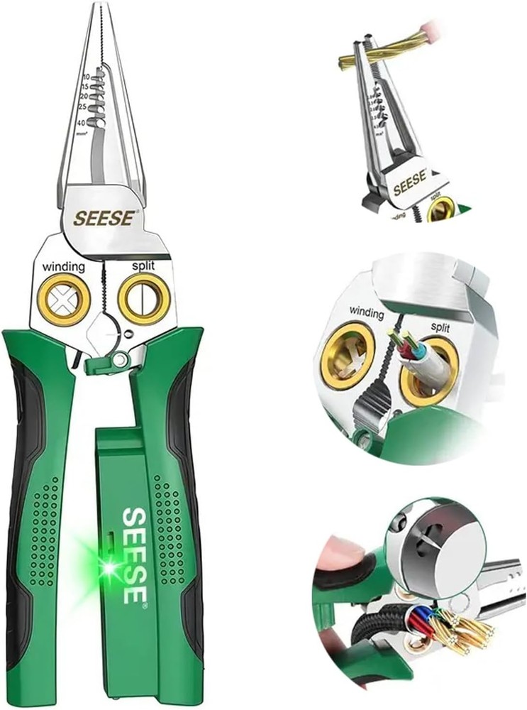 SEESE 8-in-1 Wire Stripper Pliers: Compact Portable Multi-Function Green