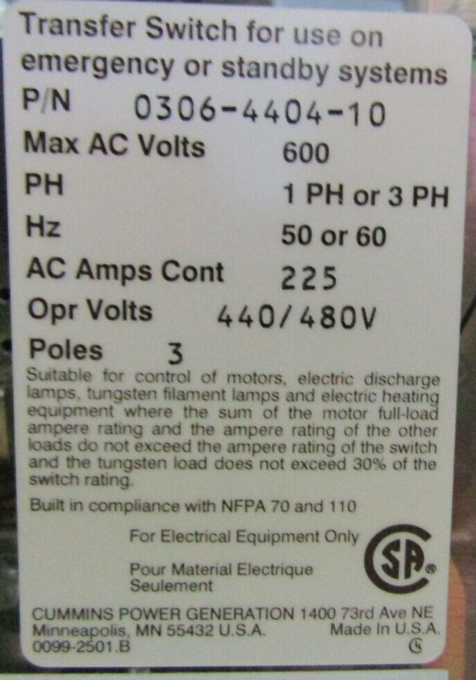 🤓CUMMINS 225 AMP AUTOMATIC TRANSFER SWITCH 480 VAC 3 POLE SPEC A OTPCB-5670336
