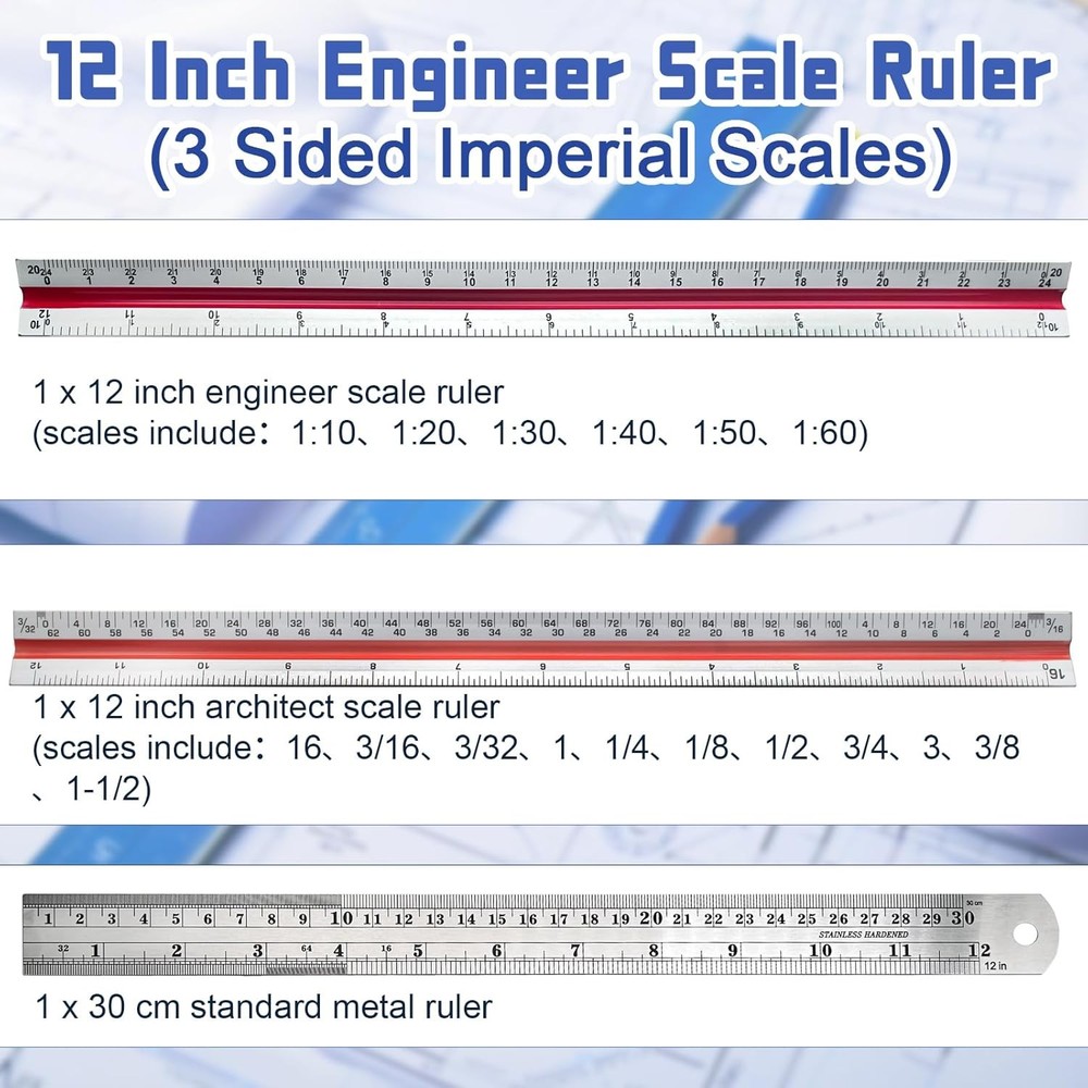 3 Pack Architectural and Engineer Scale Ruler Set, 12 Inch Aluminum Triangula...