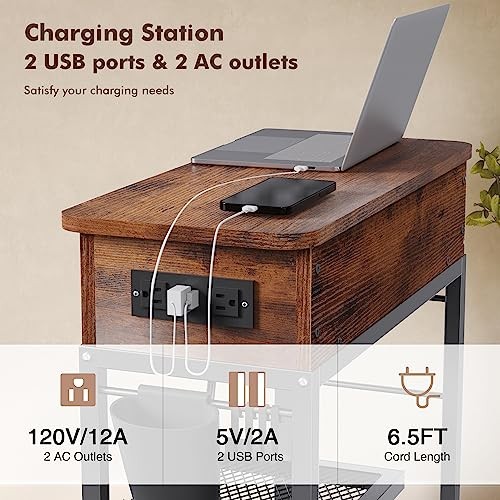 Lift Top End Table with Charging Station and Wheels, Sofa Side Rustic Brown