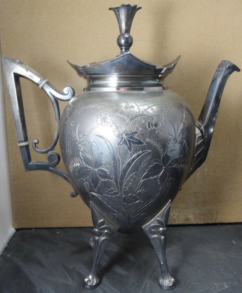 VICTORIAN SILVER PLATE TEA SET 5 PIECE MERIDEN 1880'S EX. CONDITION ENGRAVED