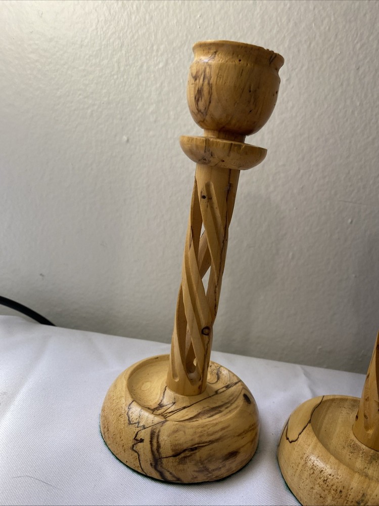 MCM Spalted Elm Candlestick Pair 8” Spiral Column