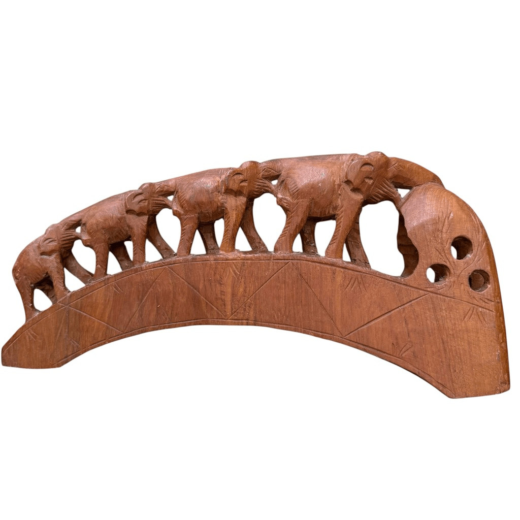 Vintage Hand Carved Wooden Elephant Bridge Figurine Home Decor Made In Thailand