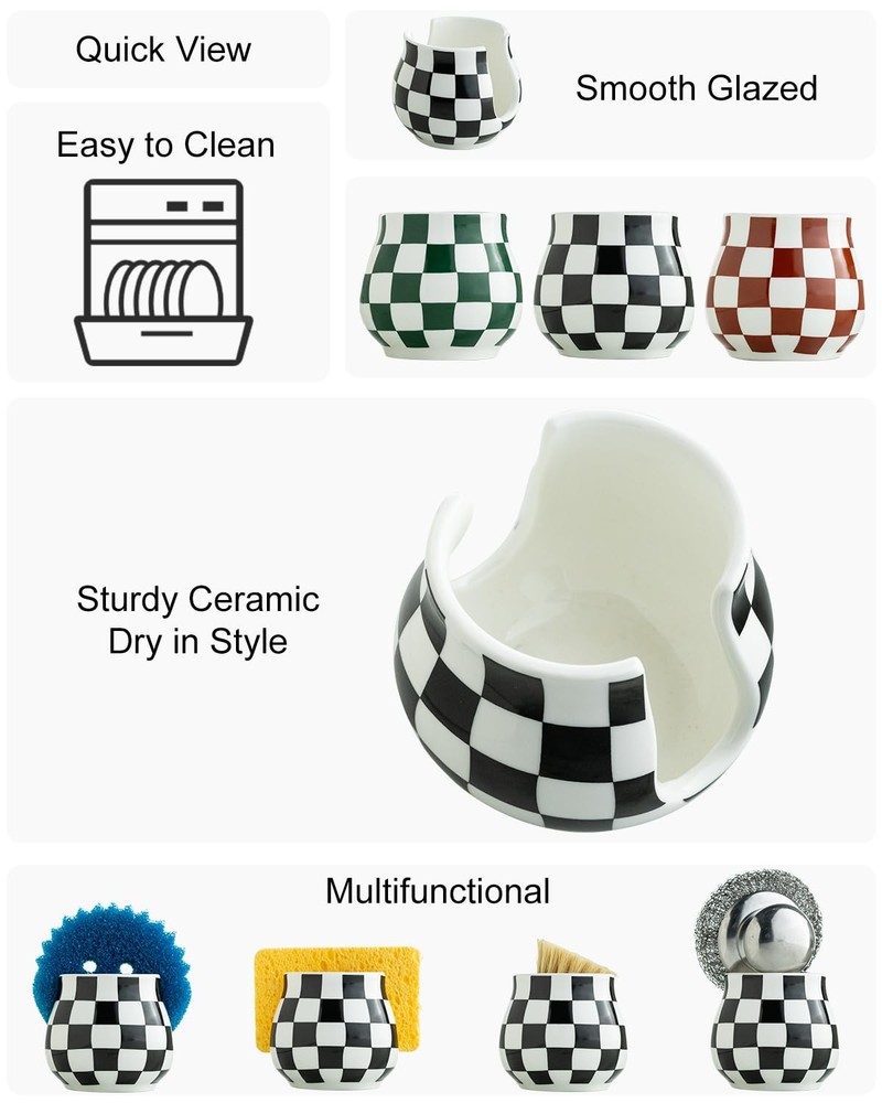 Checkered Sponge Holder for Kitchen Sink, Ceramic Dish Sponge Dish Rack Scrub...