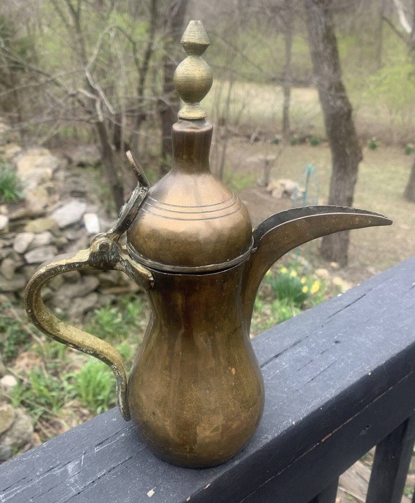 Vintage Handmade DALLAH Arabic Turkish Solid Brass Coffee Pot 10”T, Signed